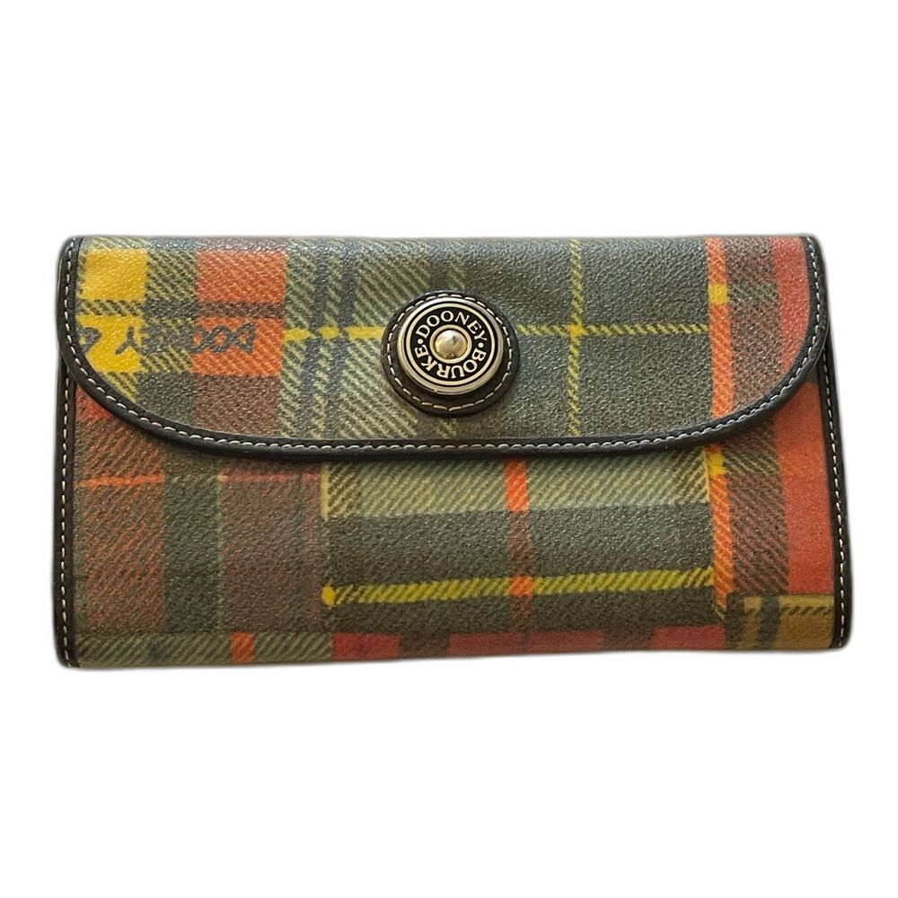 Dooney & Bourke Leather Tartan Plaid Long Logo Wallet Brown Multi ~Excellent - Picture 3 of 16